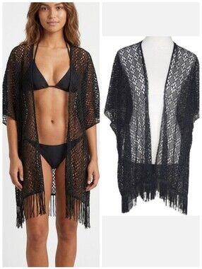 Black crocheted lace bathing suit cover up with fringe one size fits all NWT